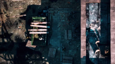 View of outdoor area with tables and crates during daytime Stock Footage 345014086