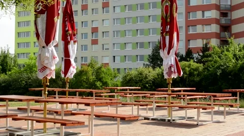 View of the outside dining table of restaurant in the suburb  Stock Footage 56746405