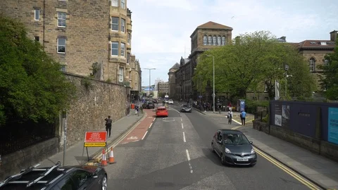 View Outside Double Decker Bus Window Driving in New Town of Edinburgh, Scotland Stock Footage 119107580