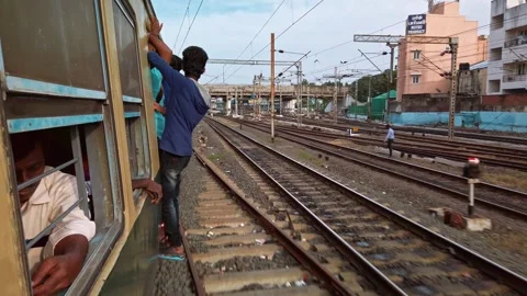 View outside the moving suburban train. Stock Footage 148386898