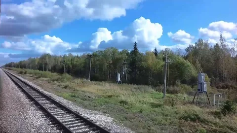 View outside. the train turn left of railway and forest Stock Footage 100920720