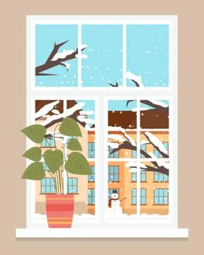 View Outside Window Winter Cityscape and Frost Ilustración de archivo