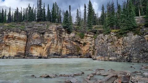 View over Athabasca River flowing from nearby Athabasca Falls, Jasper Nationa Stock Photos