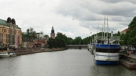 View over the Aura River towards the Cathedral in Turku, Finland Stock Footage 170653387