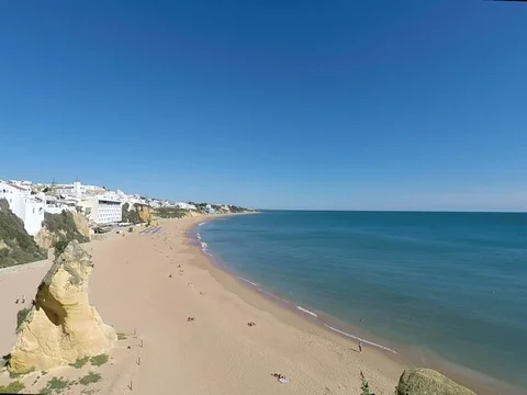 View over beach in albufeira on portugals algarve coast Stock Footage
