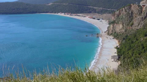 View over beach and lagoon Jaz towards beautiful green mountains on Montenegro Stock Footage 105369835