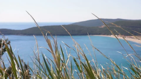 View over beach and lagoon Jaz towards beautiful green mountains on Montenegro Stock Footage 105496662