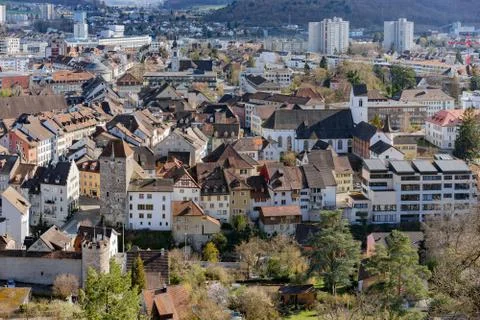 View over black tower and the picturesque old town of Brugg.iew over black to Stock Photos