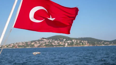 A view over the boats deck, Turkish flag Video stock 53834795