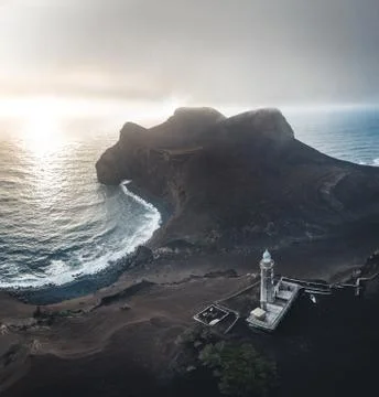 View over Capelinhos volcano, lighthouse of Ponta dos Capelinhos on western Stock Photos
