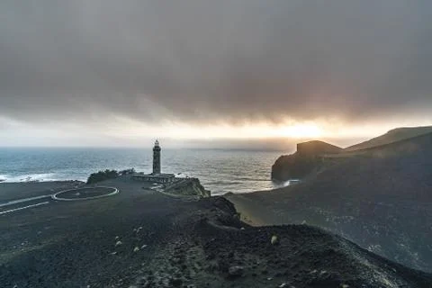 View over Capelinhos volcano, lighthouse of Ponta dos Capelinhos on western Stock Photos