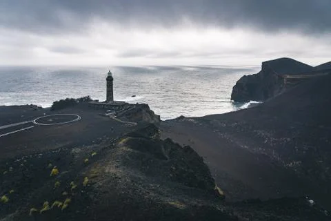 View over Capelinhos volcano, lighthouse of Ponta dos Capelinhos on western Foto stock