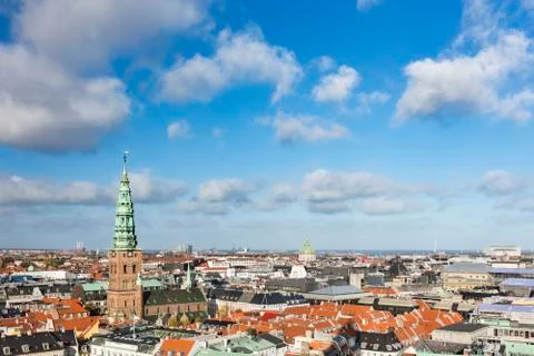 View over central Copenhagen, Denmark with the Nikolaj Church to the left and Stock Photos