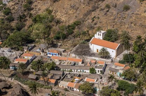 View over city with houses and church Ciudad Velha Cidade Velha Santiago Cabo Stock Photos