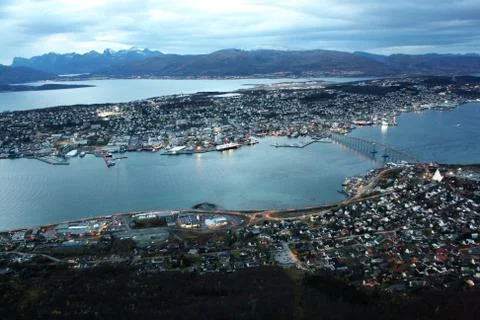 View over the city of Tromso at nightfall Stock Photos