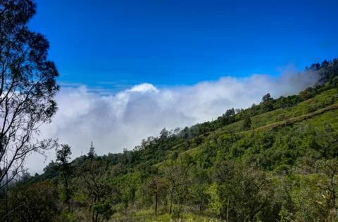 View over clouds from Mountain blue sky Mount Rinjani Lombok Ind Foto stock