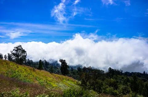 View over clouds from Mountain blue sky Mount Rinjani Lombok Ind Foto stock