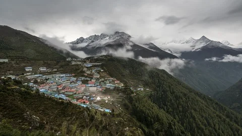 View over cloudy Namche Bazaar Stock Footage 121491891