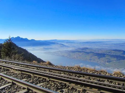 View over the cog railroad to mount Rigi, Switzerland, towards lake Lucerne Stock Photos