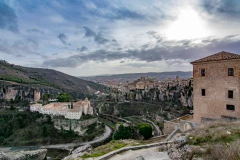 View over Cuenca old town sitting on top of rocky hills Stock Photos