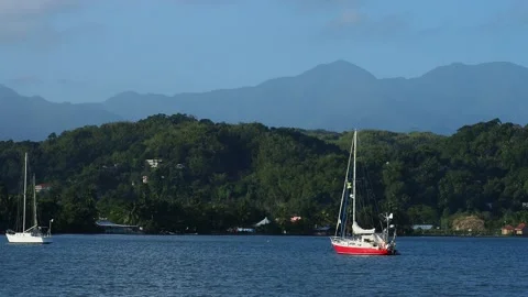 View over East Harbour towards Port Antonio and Blue Mountains, Jamaica Stock Footage 139006941