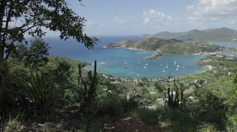 View over English Harbour, St Paul, Antigua and Barbuda, Caribbean Stock Footage