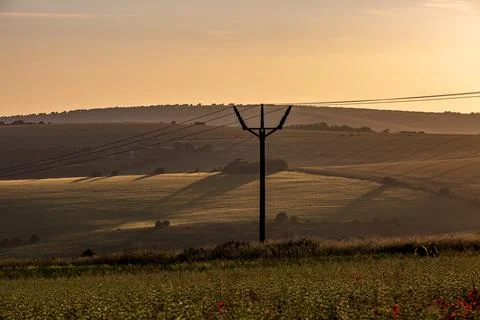A view over fields at Ditchling Beacon, with evening light Stock Photos
