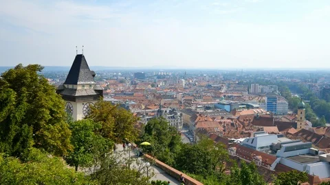 View over Graz and the Clock Tower in Austria Stock Footage 115642347