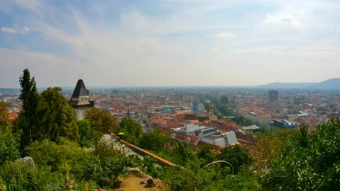 View over Graz and the Clock Tower in Austria Stock Footage 143810473