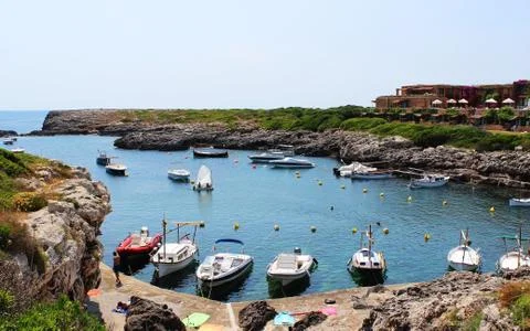 View over the harbor of Binibeca, old fishing village in Menorca. Stock Photos