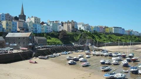 View over the harbour and North Beach Tenby Stock Footage 113674876