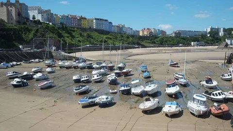 View over the harbour and North Beach Tenby Stock Footage 113675119