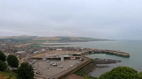 View over Harbour and Town of Stonehaven, Aberdeenshire Stock-Footage 329397642