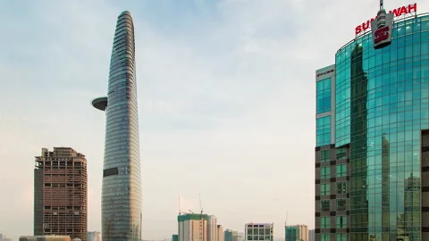 View over Ho Chi Minh Sunset Bitexco Financial Centre - Saigon Skydeck Stock Footage 144737331