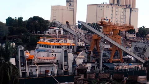 View over industrial boat docket at port of Santo Domingo, Dominican Republic. Видео 233296375