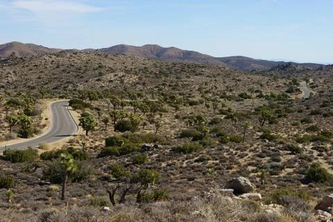 A view over Keys View road from Keys View overlook, Joshua Tree National Park Stock Photos
