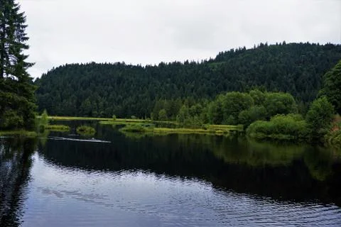 View over Lac de Lispach in La Bresse to surrounding hills Stock Photos