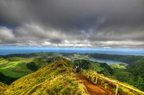 View over Lagoa das Sete Cidades from Grota do Inferno Stock Photos