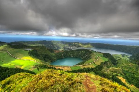 View over Lagoa das Sete Cidades from Grota do Inferno Stock Photos