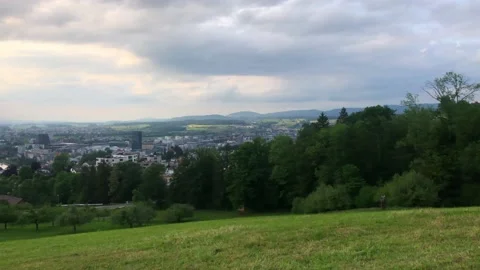 View over lake and town of Zug in Switzerland Stock Footage 196011995