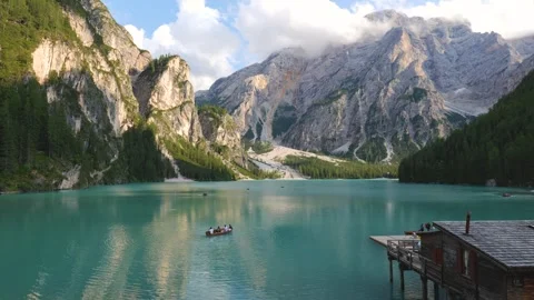 View over Lake Braies or Pragser Wildsee in the Dolomites, Italy Stock Footage 258676389