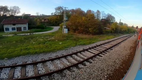 A view over landscape from the window of moving train. Stock Footage 225828030