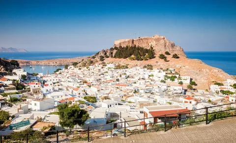 View over Lindos town, Rhodes, Dodecanese, Greek Islands, Greece, Europe Stock Photos