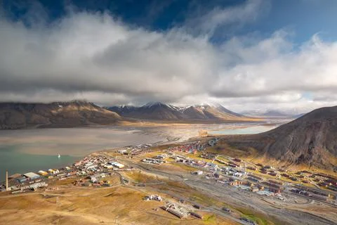 View over Longyearbyen from above - the most Northern settlement in the world. Stock Photos
