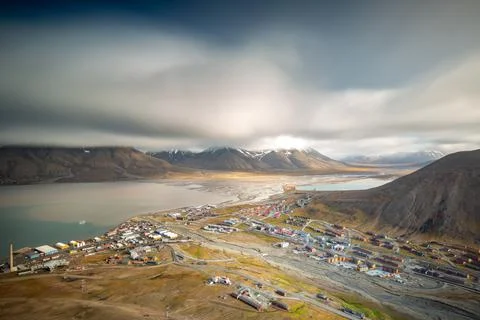 View over Longyearbyen from above - the most Northern settlement in the world. Stock Photos