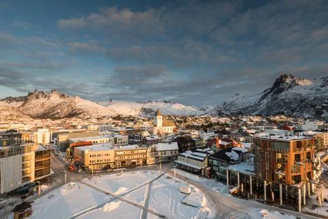 View over the main square Torget in the city of Svolvaer on the Lofoten islan Stock Photos
