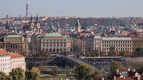 View over Manesuv bridge and city of Prague with spires Timelapse Video stock 124794282