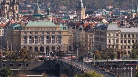 View over Manesuv bridge and city of Prague with spires Timelapse Video stock 124794283
