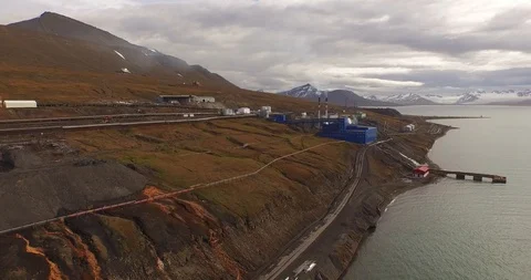 The view over the mining settlement at the coast of Arctic ocean. Barentsburg Stock-Footage 121812525