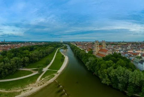 View over Munich with the Isar river, authentic from above, barvaria, Germany. Stock Photos